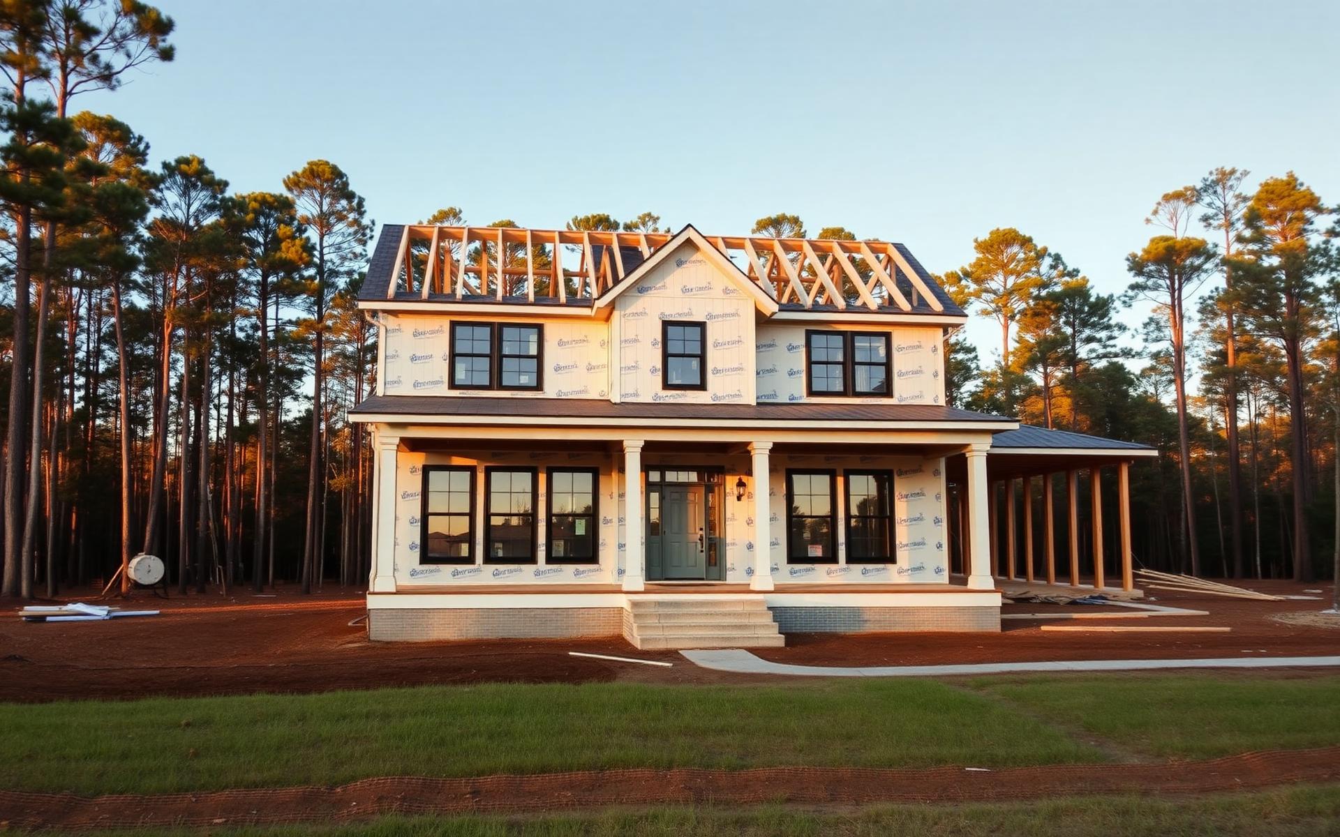 Custom home under construction in the South Carolina pines